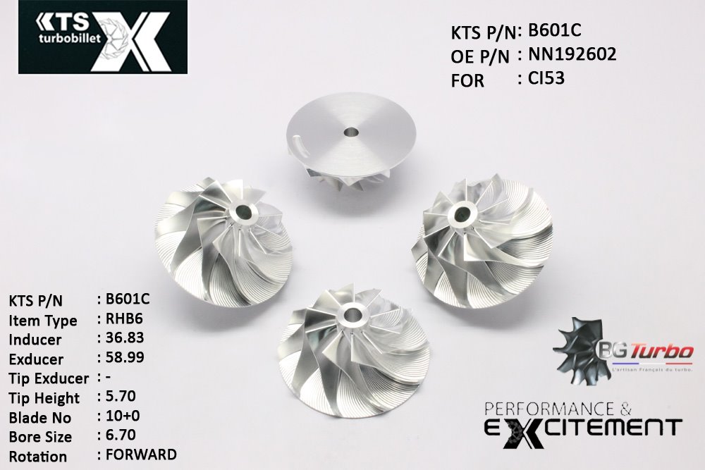 Turbo ROUE FORGÉE MFS PERFORMANCE - 10+0 PALES - INDUCER : 36,83 - EXDUCER : 58,99 - TYPE : RHB6ANGLE : 50° - ROTATION : Forward - SUPER BACK : 0 - BORE SIZE : 6,7

